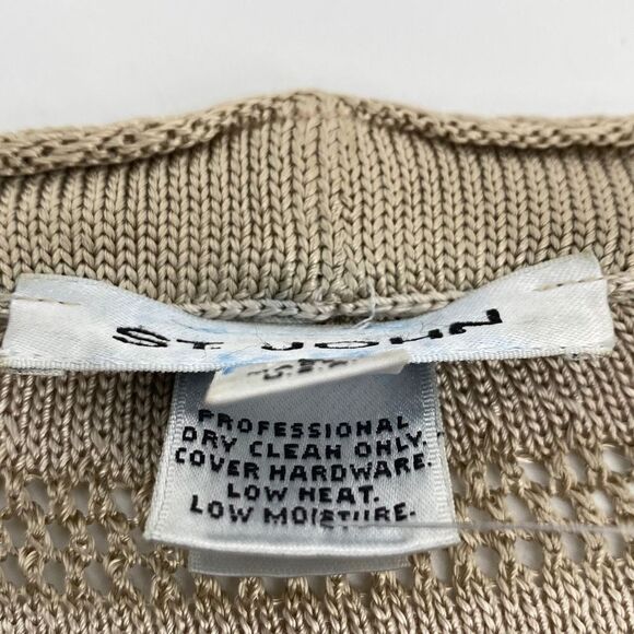ST JOHN Plunging Neckline Knit Short Sleeve Sweater Button Front Beige Large - Picture 14 of 16